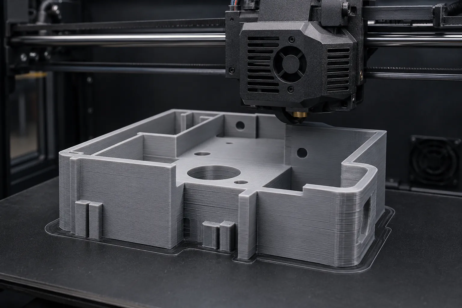 Послойная 3D-печать пластиковой детали на рабочей платформе